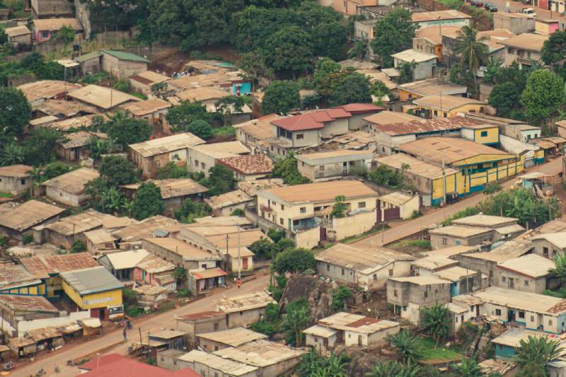 Aerial perspective of an urban township highlighting structural heat exposure risks