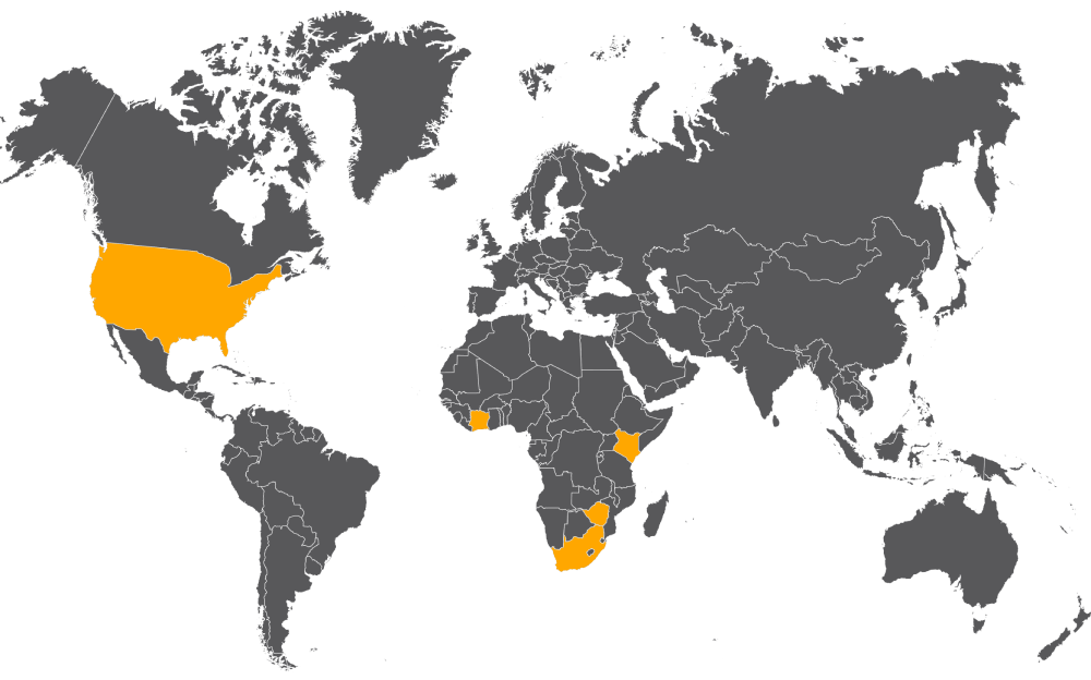 Map of Africa with partner countries highlighted for HE²AT Center research