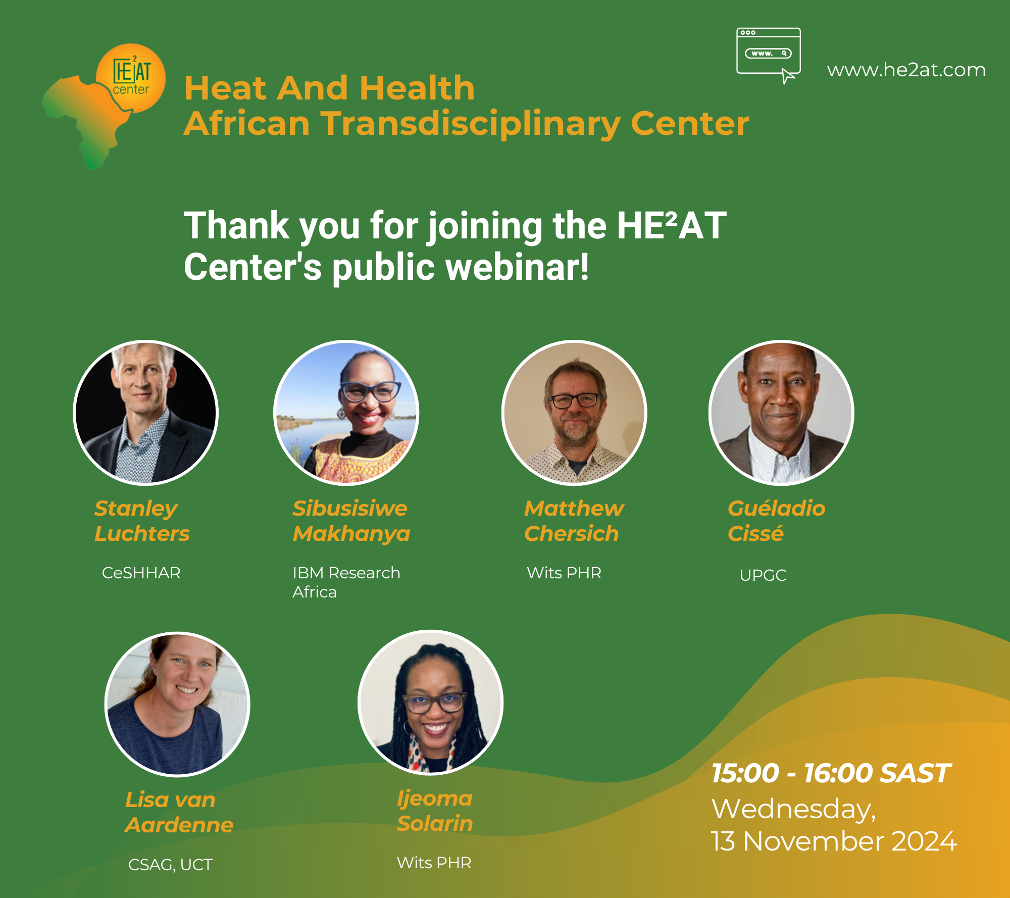 Closing slide thanking attendees for joining the HE²AT Center's public webinar