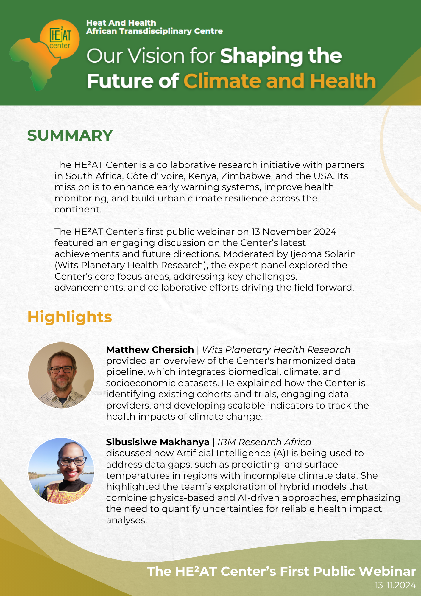 Summary infographic page from the HE²AT Center public webinar
