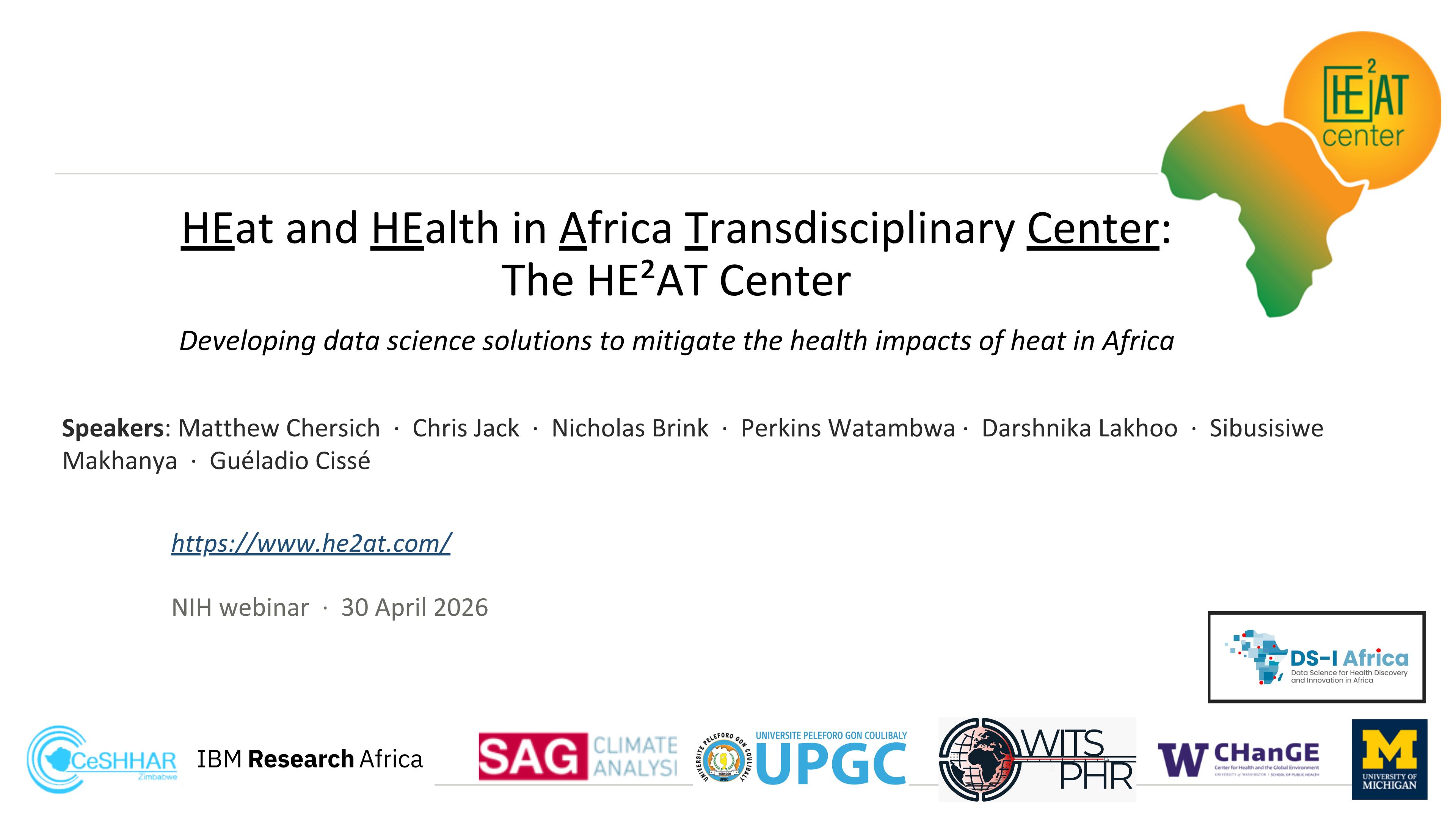 Title slide for the NIH Health and Extreme Weather Webinar featuring the HE²AT Center