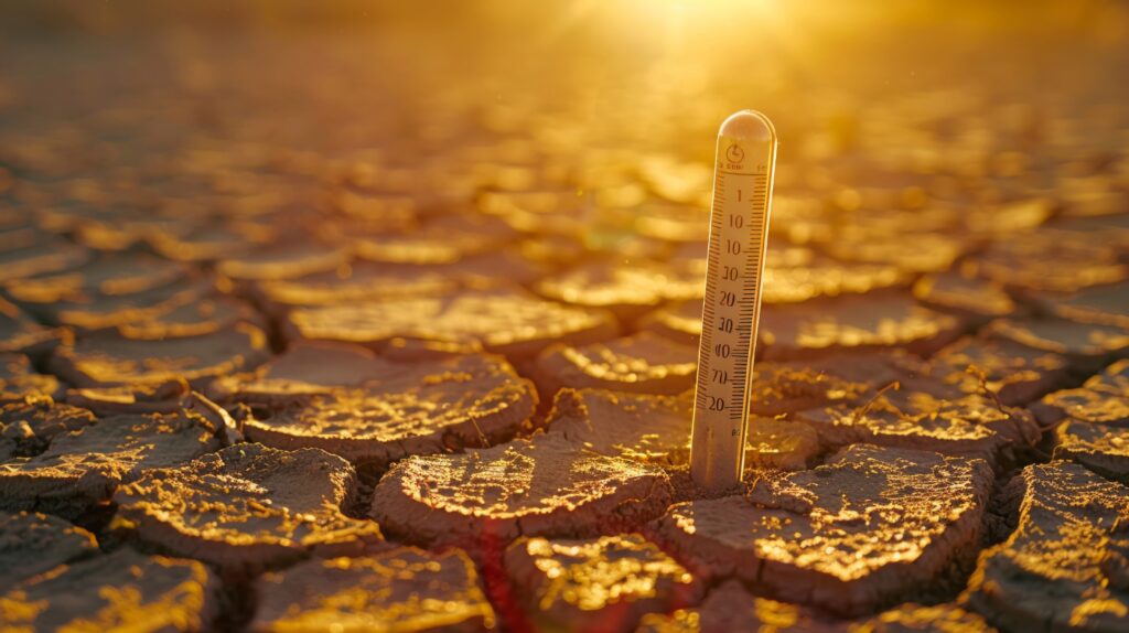 Close-up view of an outdoor thermometer reading extremely high temperatures