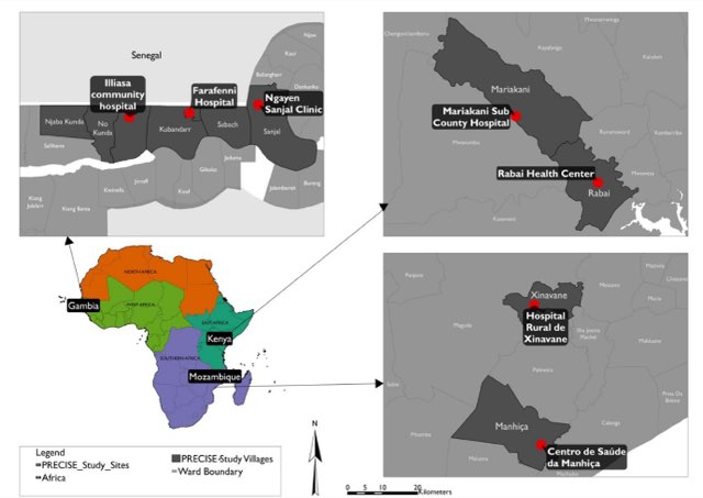 Regional map marking CHEAQI-MNCH study sites across Africa