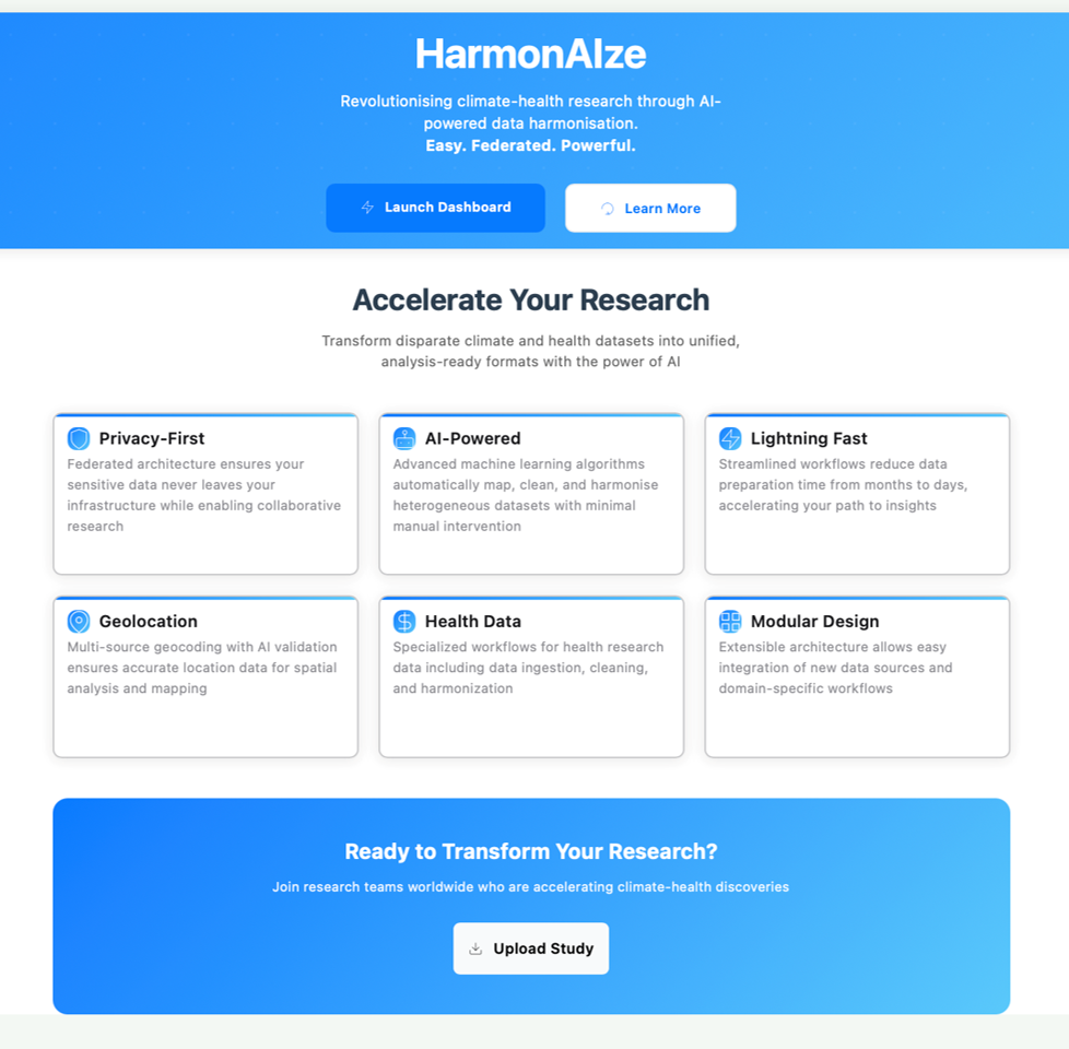 HarmonAIze dashboard interface showing privacy-first, AI-powered climate-health data harmonisation features
